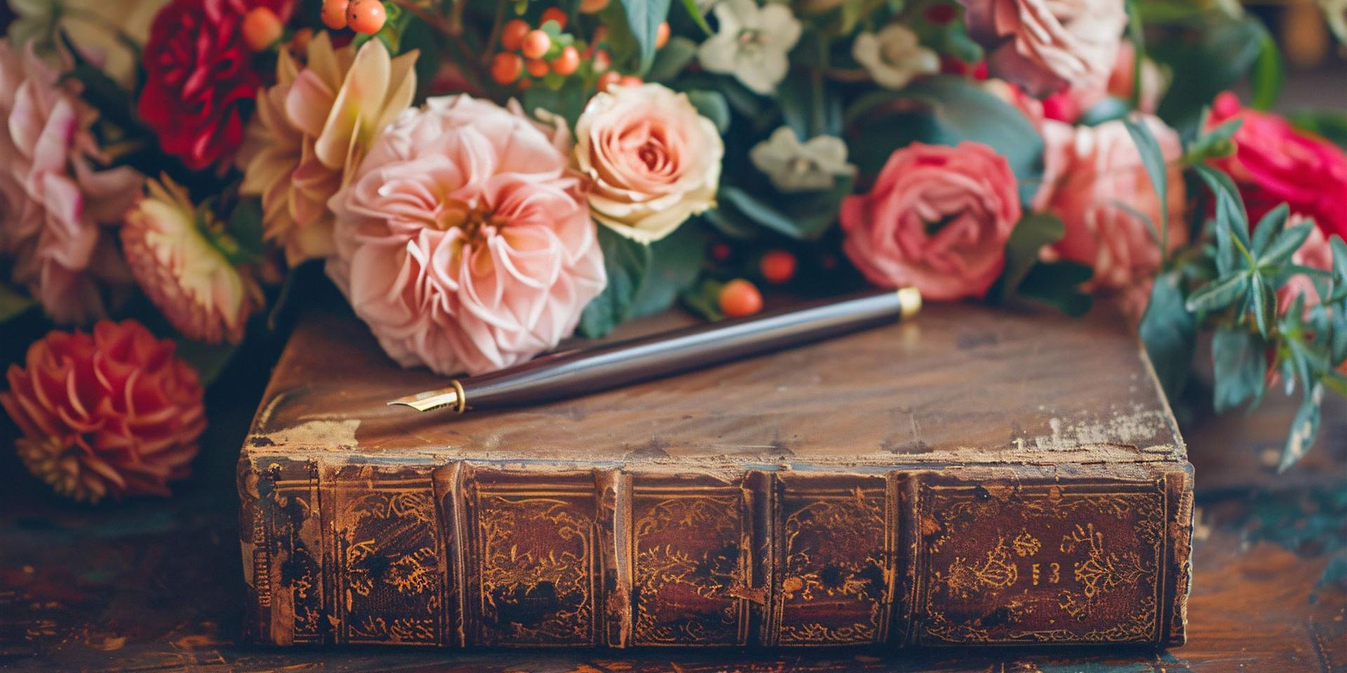 Blumenbuquet auf alten Buch mit Stift